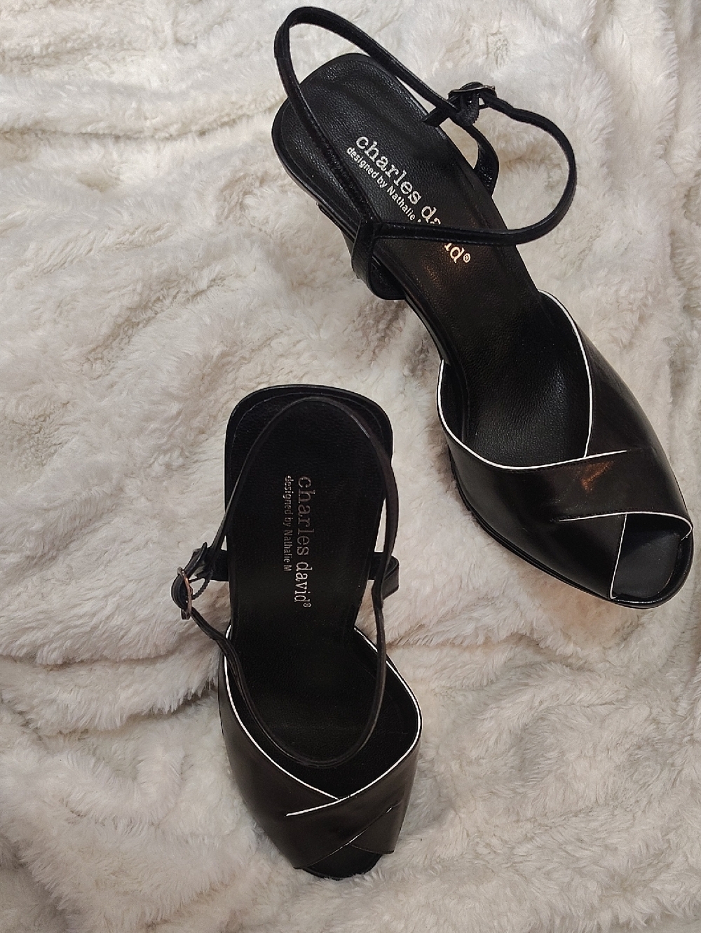 Charles David Black Leather Peep Toe Slingback Heels with White Piping